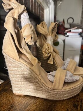 Allegra K Tan Suede Leg Wrap Wedge Espadrilles